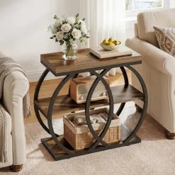 3-Tier Narrow End Table, Industrial Side Table with Metal Frame for Small Spaces