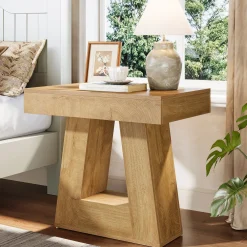 2-Tier Nightstand, Narrow Bedside Table with Trapezoid Base for Bedroom