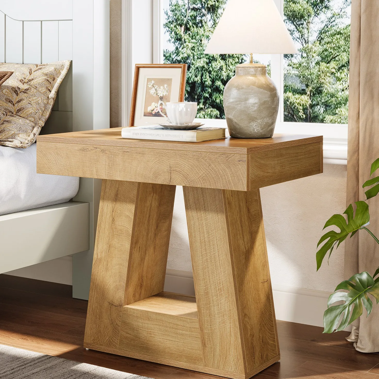 2-Tier Nightstand, Narrow Bedside Table with Trapezoid Base for Bedroom