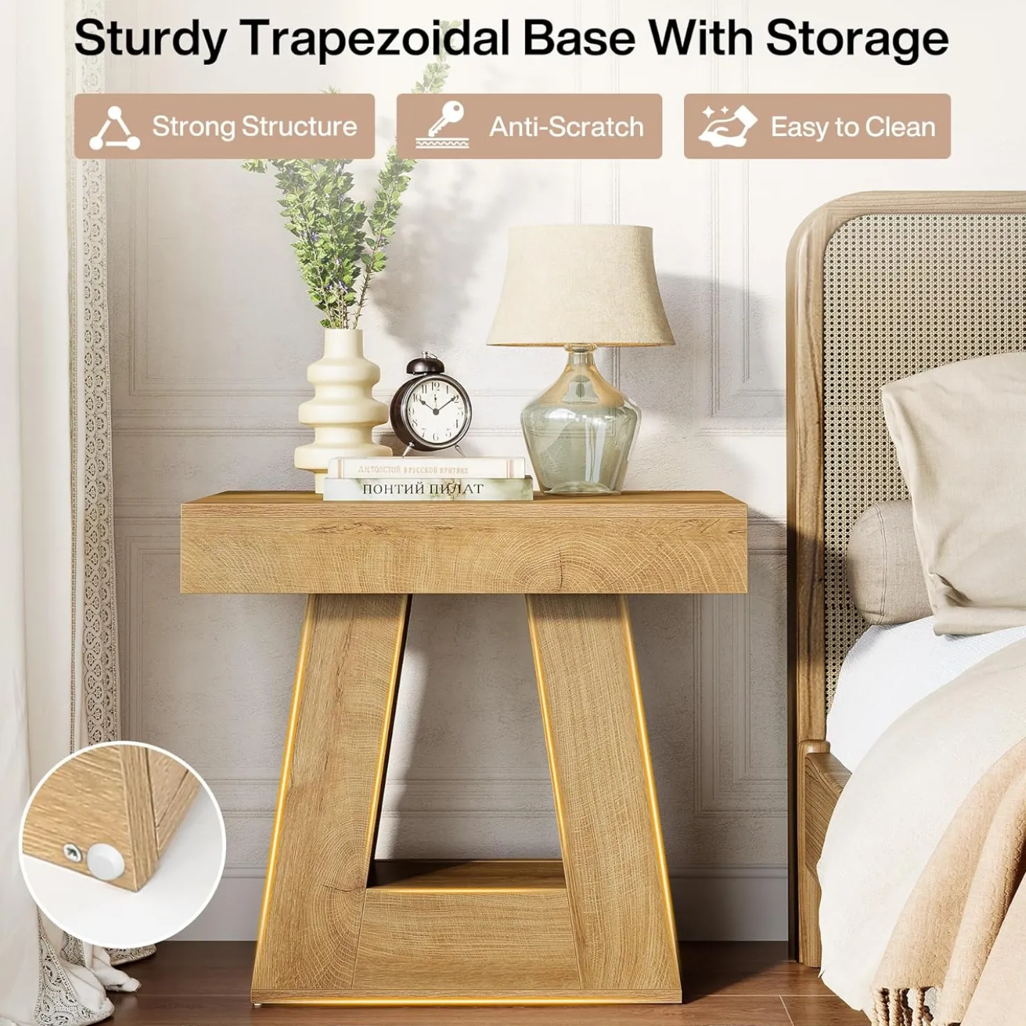2-Tier Nightstand, Narrow Bedside Table with Trapezoid Base for Bedroom