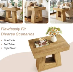 2-Tier Nightstand, Narrow Bedside Table with Trapezoid Base for Bedroom