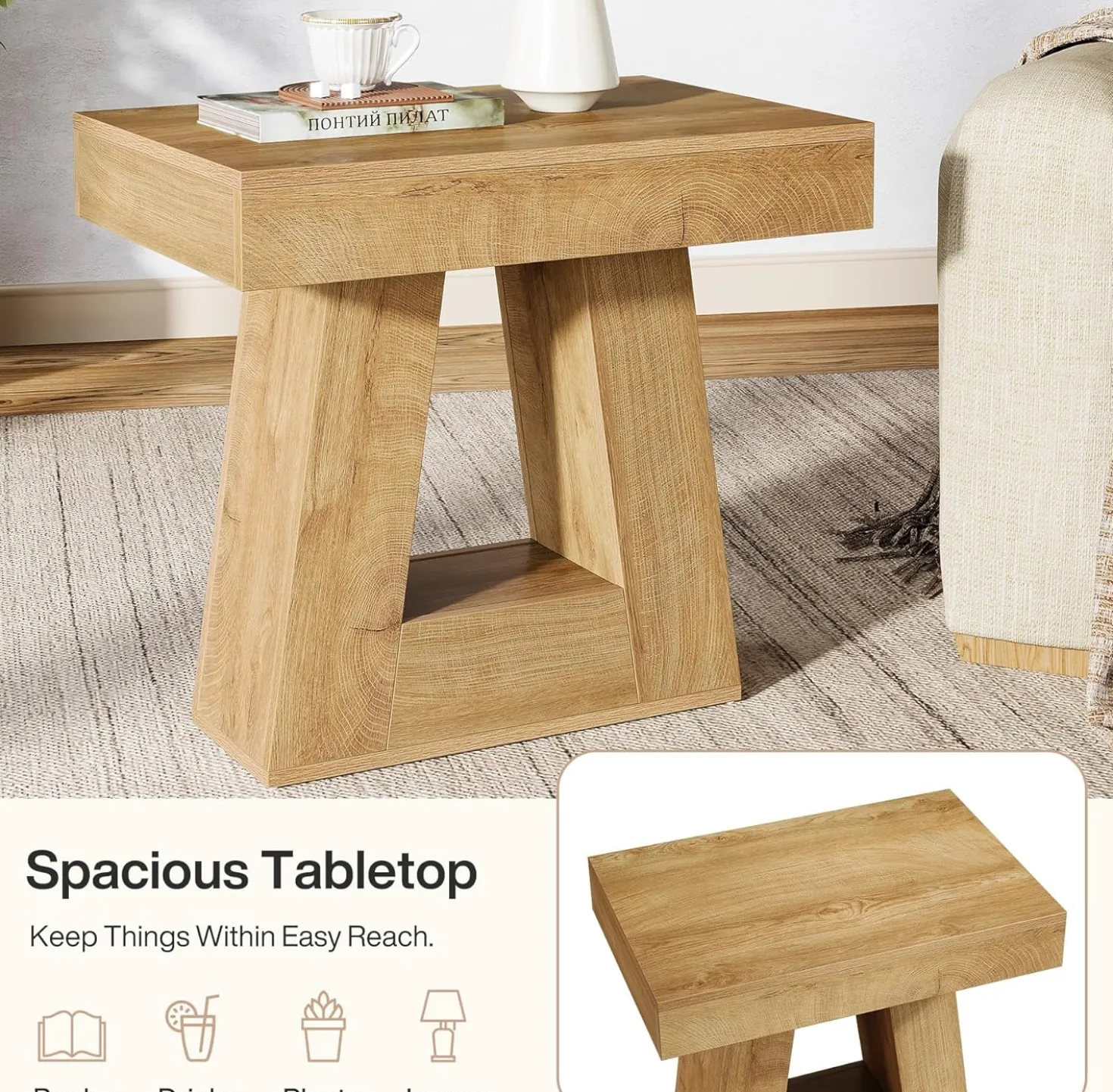 2-Tier Nightstand, Narrow Bedside Table with Trapezoid Base for Bedroom