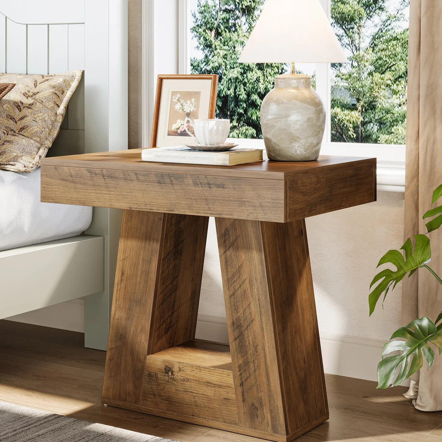 2-Tier Nightstand, Narrow Bedside Table with Trapezoid Base for Bedroom