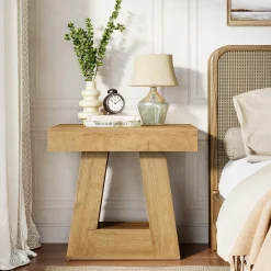 2-Tier Nightstand, Narrow Bedside Table with Trapezoid Base for Bedroom