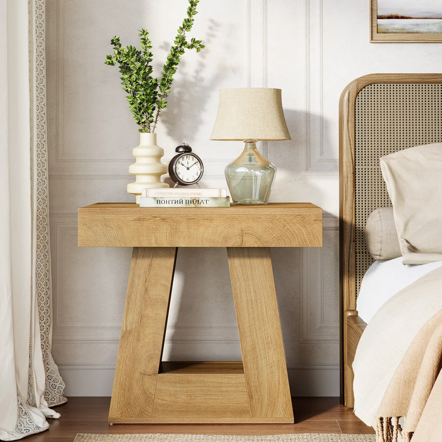 2-Tier Nightstand, Narrow Bedside Table with Trapezoid Base for Bedroom
