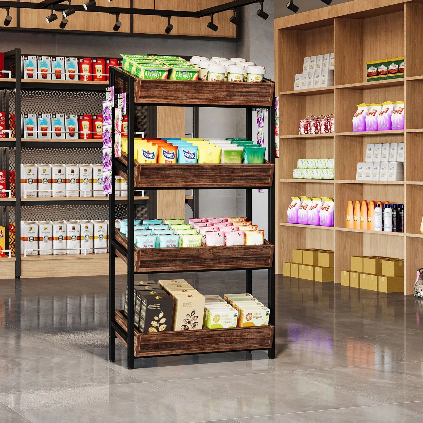 4-Tier Retail Display Rack, Wooden Snack Candy Rack Storage Shelf Organizer
