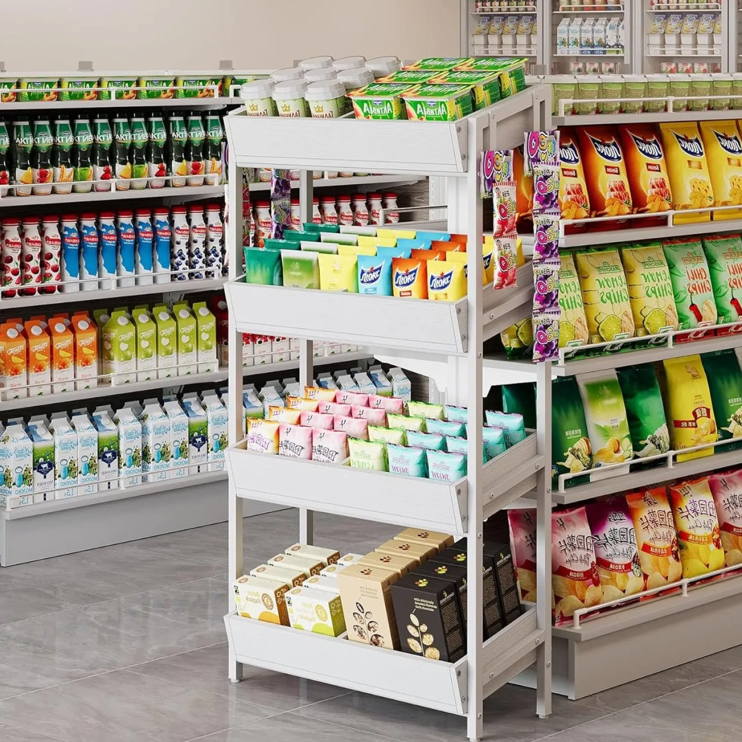 4-Tier Retail Display Rack, Wooden Snack Candy Rack Storage Shelf Organizer