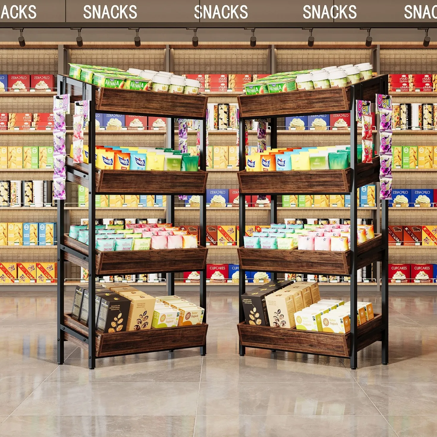 4-Tier Retail Display Rack, Wooden Snack Candy Rack Storage Shelf Organizer