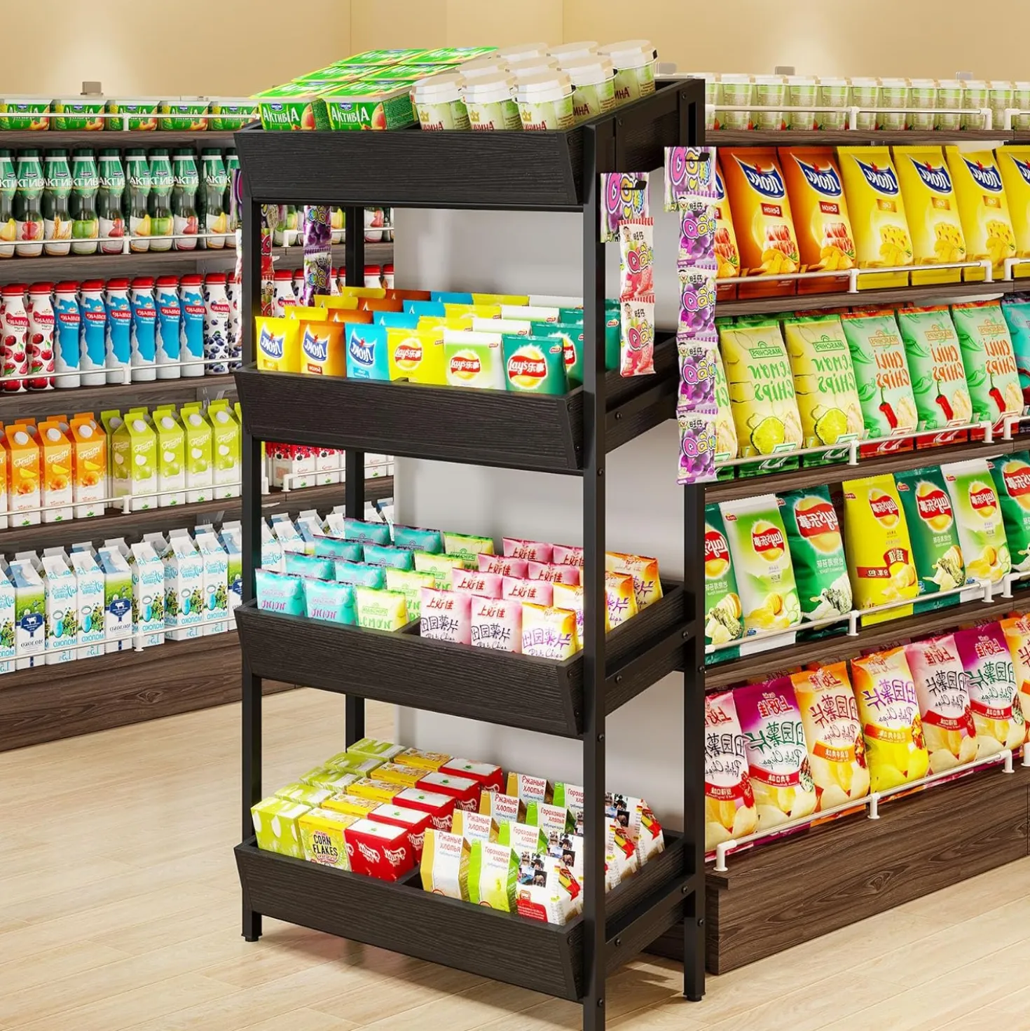 4-Tier Retail Display Rack, Wooden Snack Candy Rack Storage Shelf Organizer