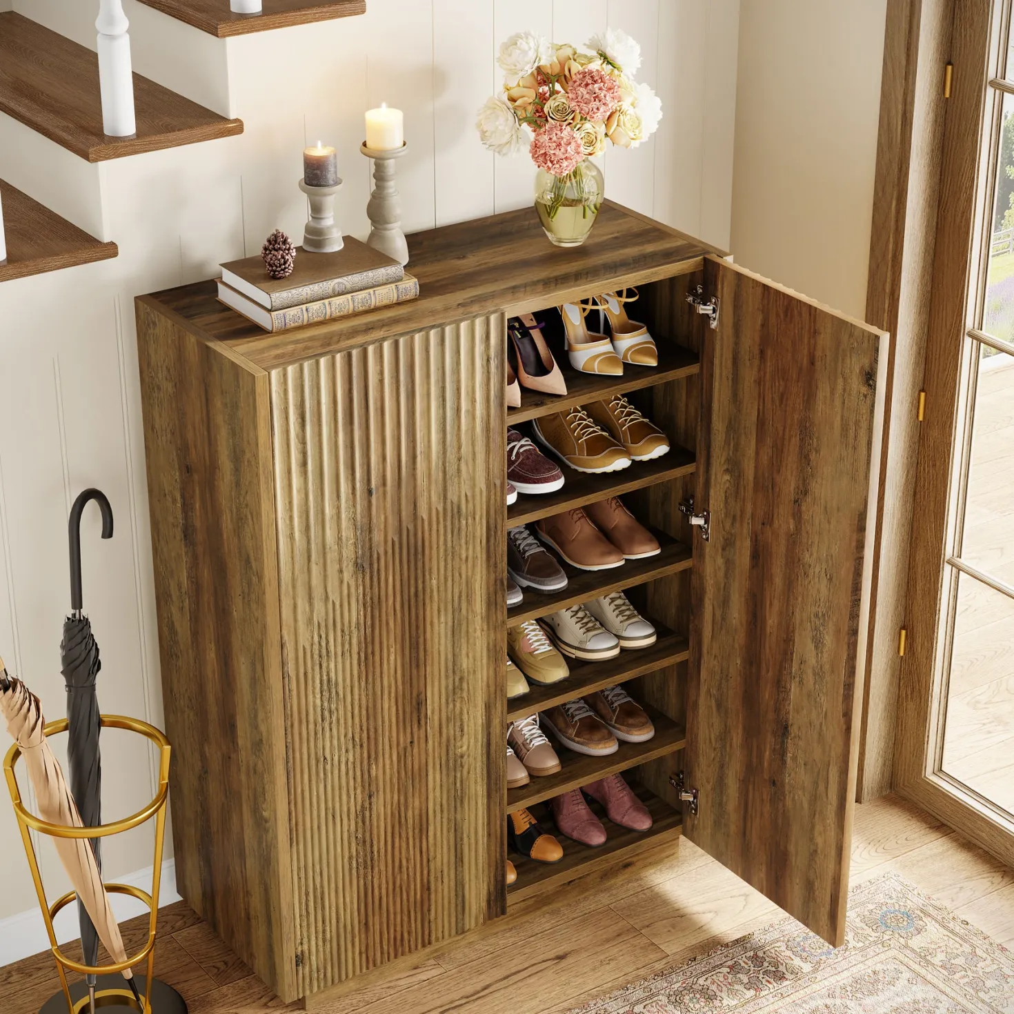 7-Tier Shoe Cabinet, 24 Pairs Shoe Storage Organizer with Fluted Doors