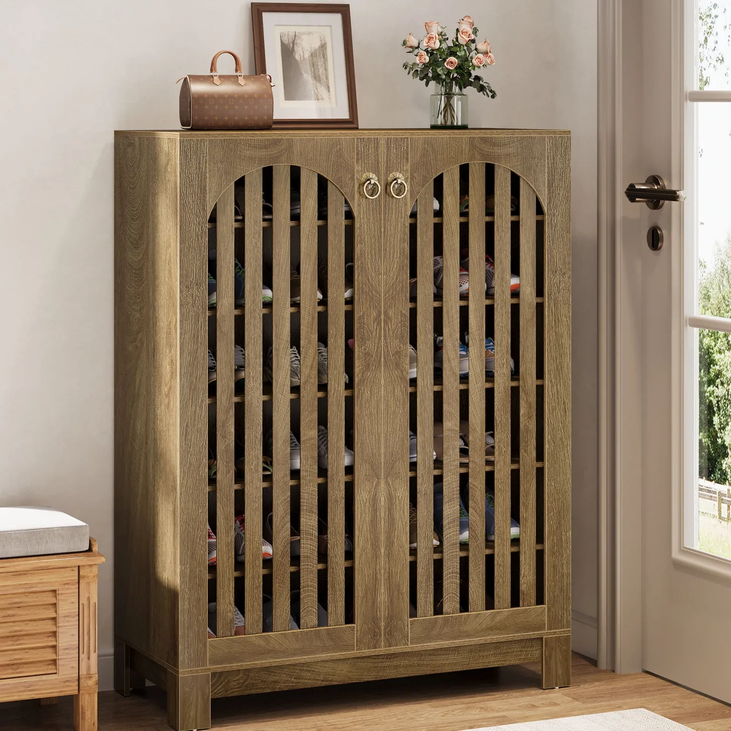 6-Tier Shoe Cabinet, Entryway Shoe Storage Rack with Airy Doors