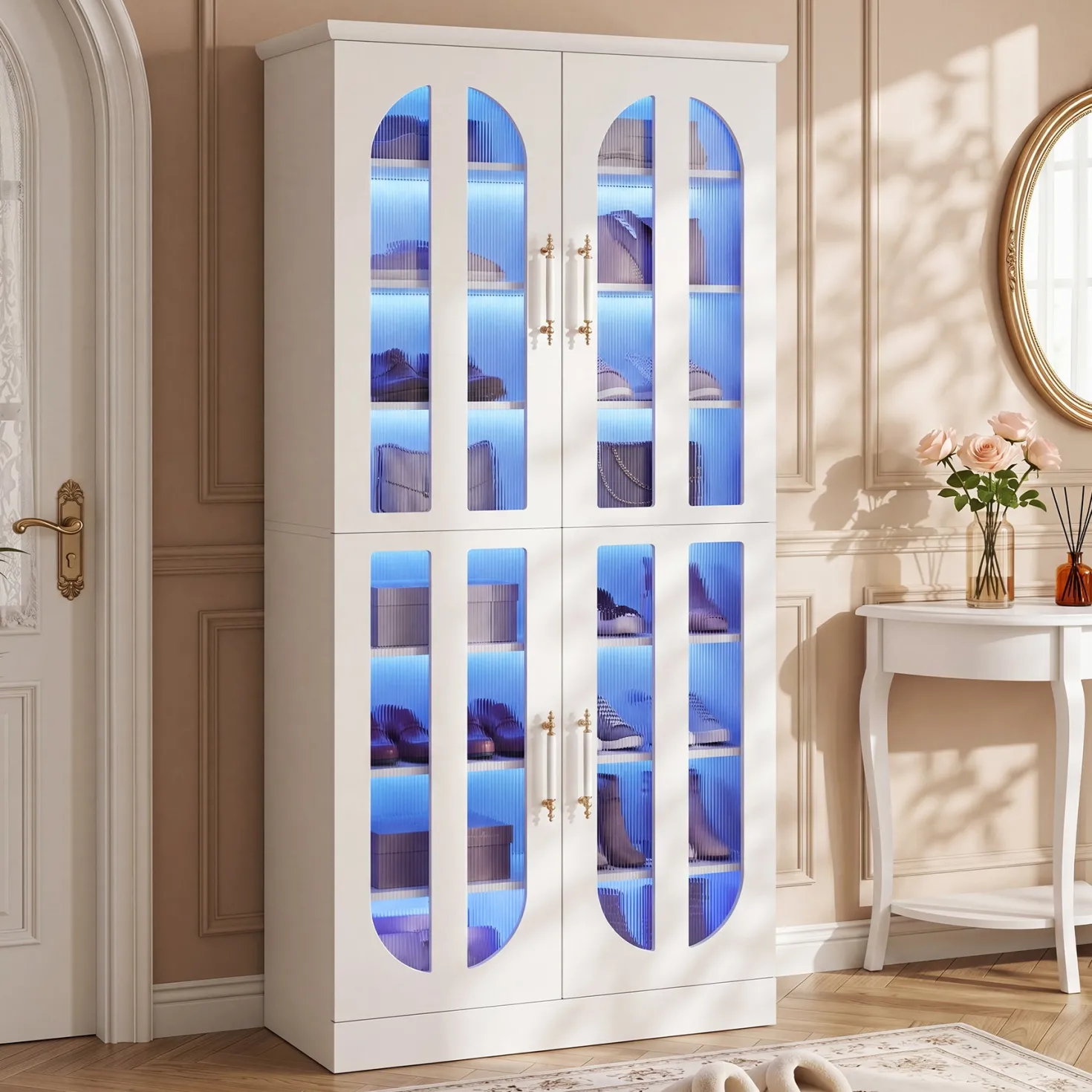 8-Tier Shoe Cabinet, Modern Shoe Organizer with Dimmable LED Lights & Acrylic Doors