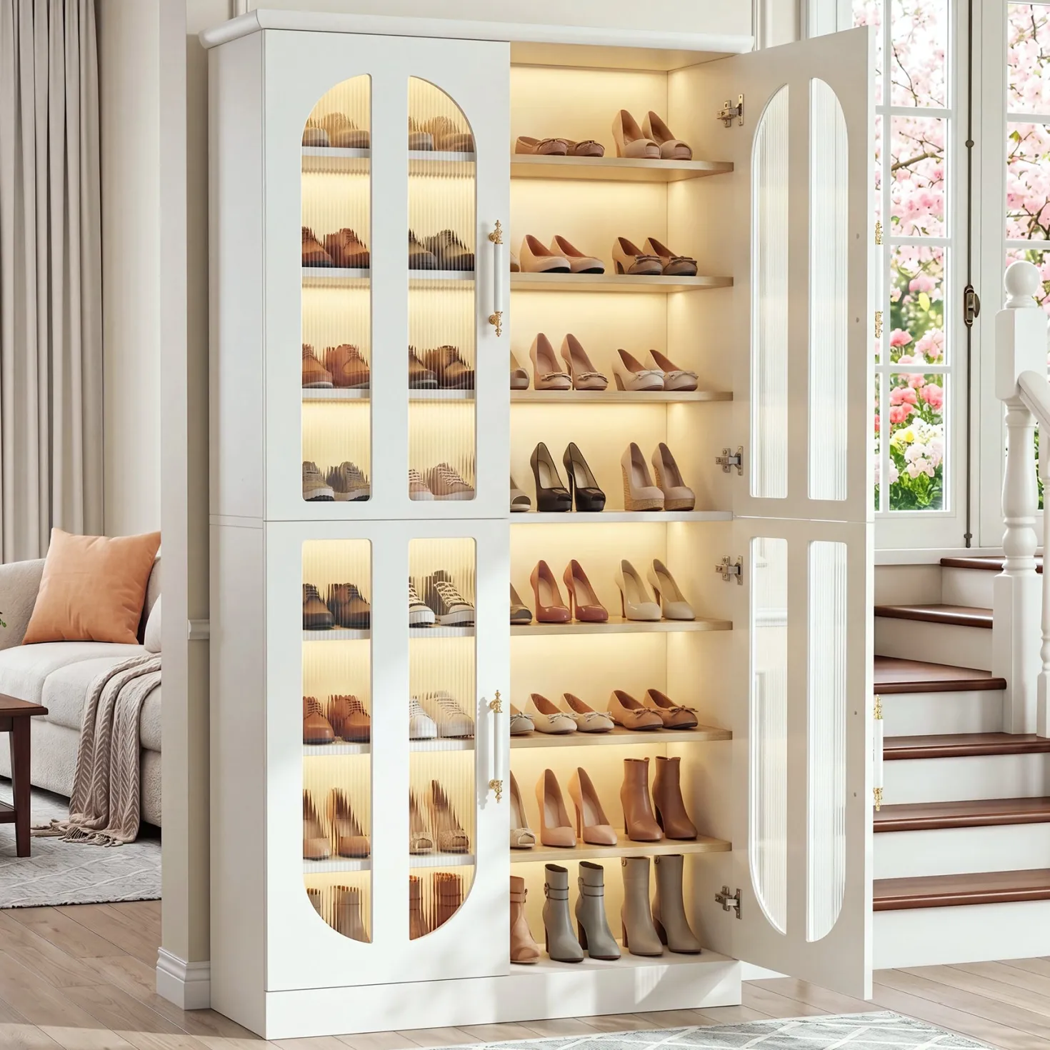 8-Tier Shoe Cabinet, Modern Shoe Organizer with Dimmable LED Lights & Acrylic Doors