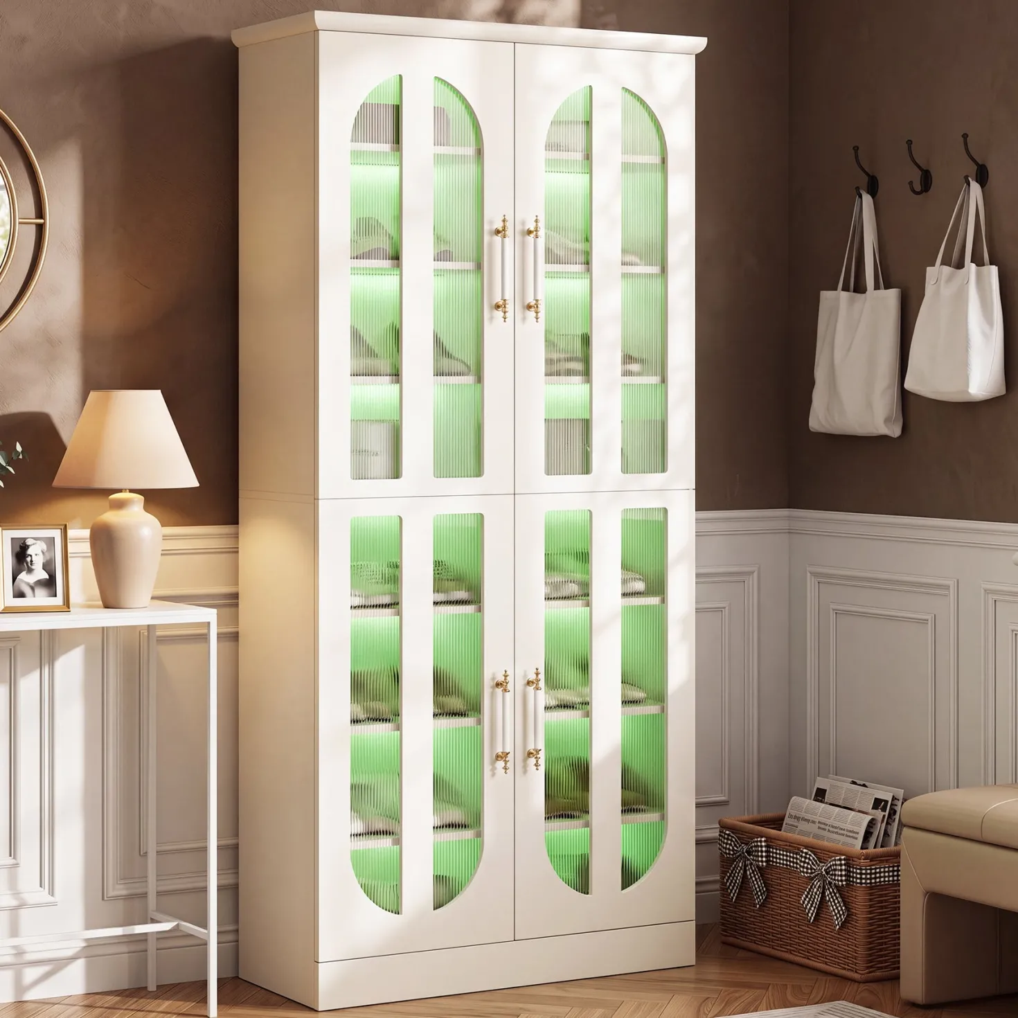 8-Tier Shoe Cabinet, Modern Shoe Organizer with Dimmable LED Lights & Acrylic Doors