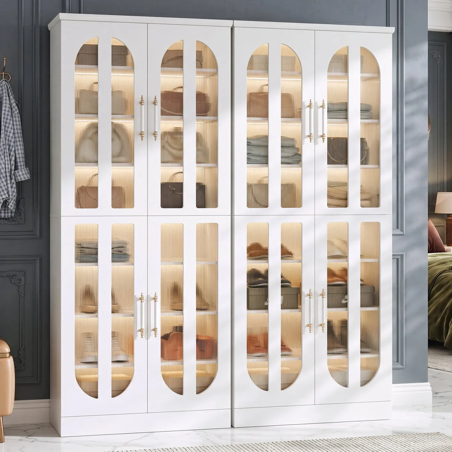 8-Tier Shoe Cabinet, Modern Shoe Organizer with Dimmable LED Lights & Acrylic Doors