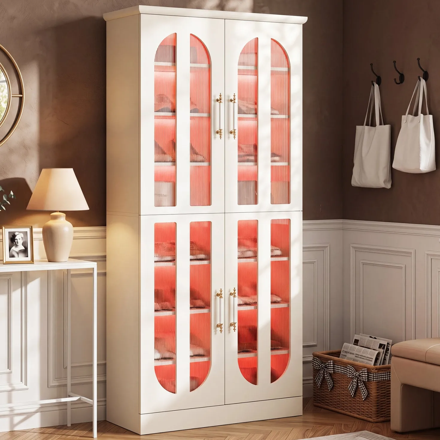8-Tier Shoe Cabinet, Modern Shoe Organizer with Dimmable LED Lights & Acrylic Doors