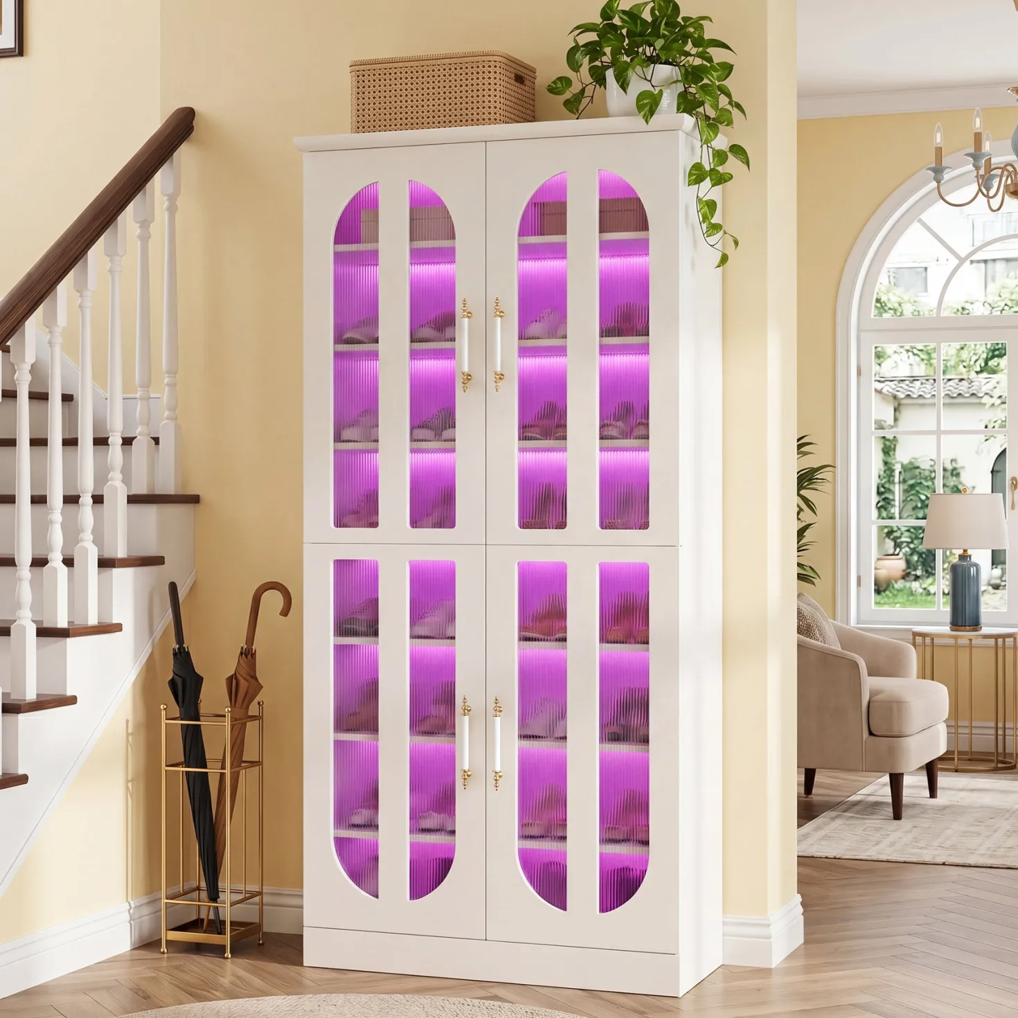 8-Tier Shoe Cabinet, Modern Shoe Organizer with Dimmable LED Lights & Acrylic Doors