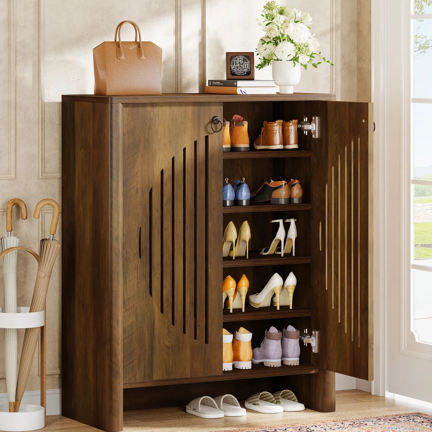 5-Tier Shoe Cabinet with Doors, Shoe Storage Organizer with Removable Shelf