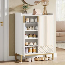5-Tier Shoe Cabinet with Doors, Freestanding Wood Shoe Organizer for Entryway