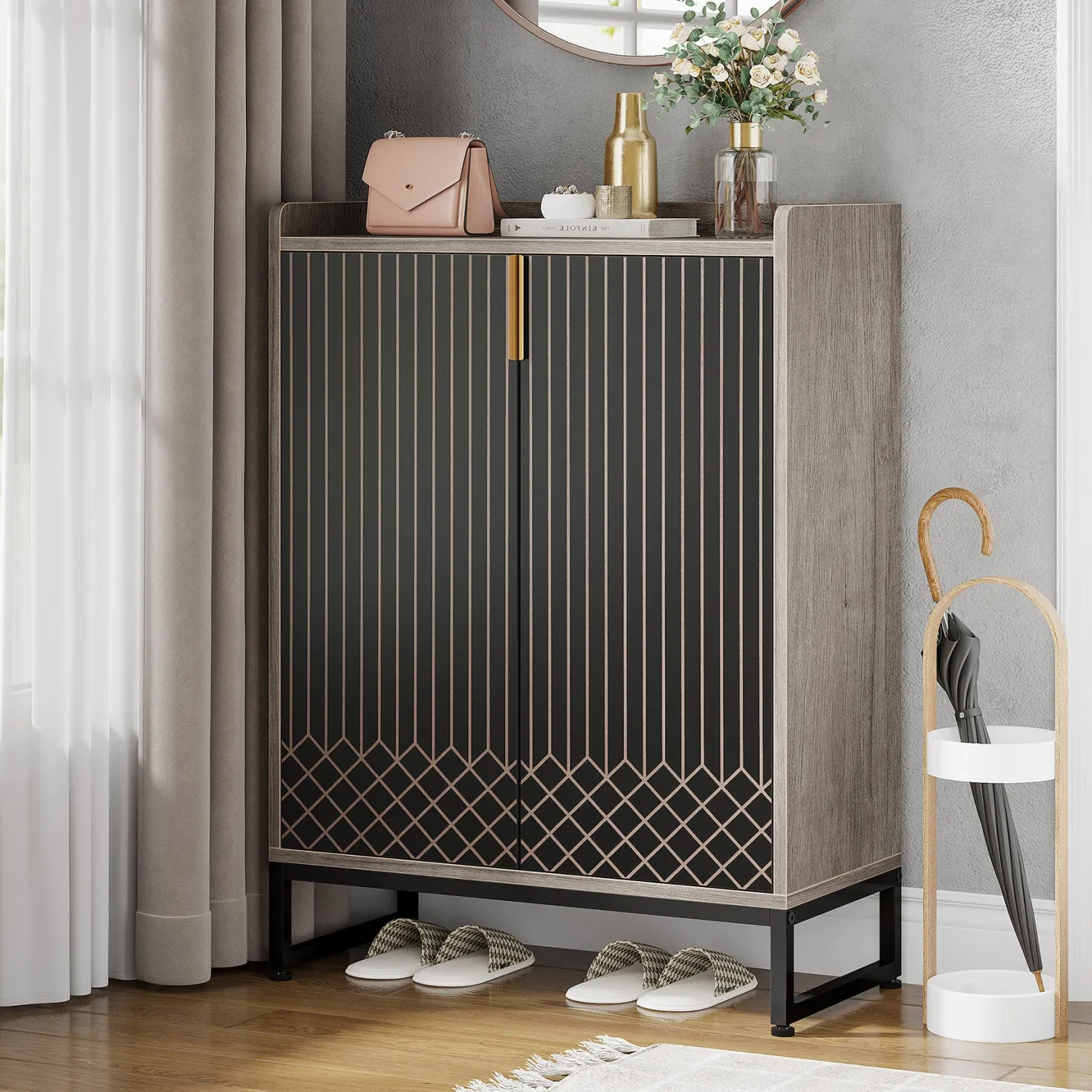 5-Tier Shoe Cabinet with Doors, Freestanding Wood Shoe Organizer for Entryway