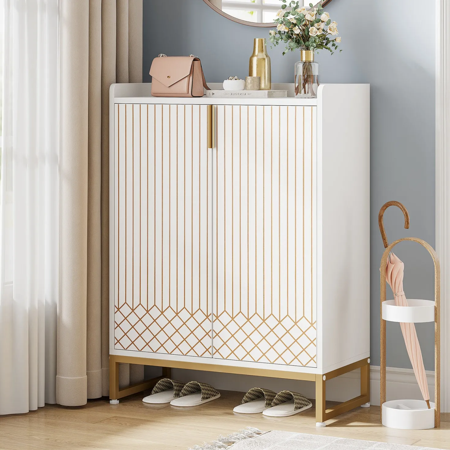 5-Tier Shoe Cabinet with Doors, Freestanding Wood Shoe Organizer for Entryway