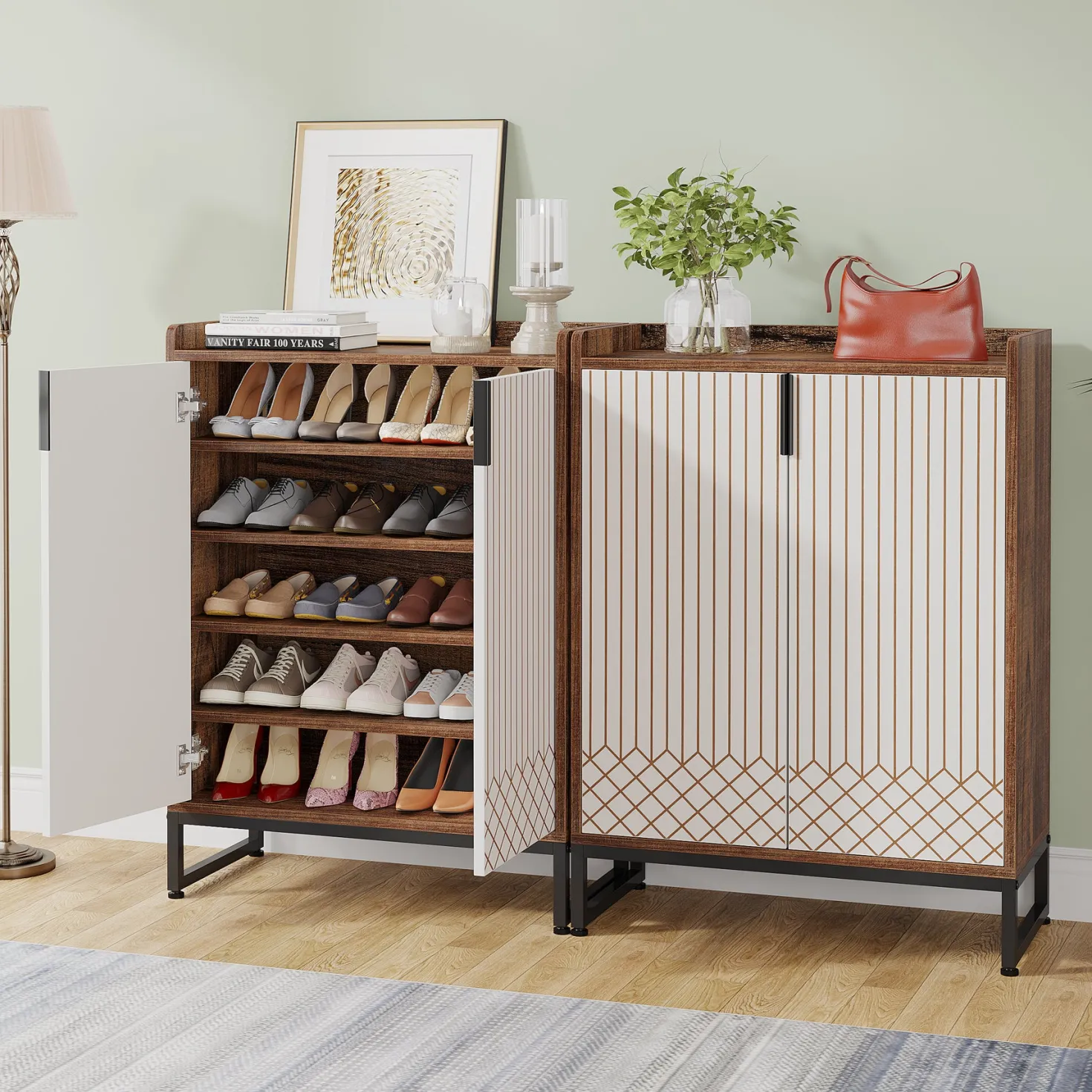 5-Tier Shoe Cabinet with Doors, Freestanding Wood Shoe Organizer for Entryway