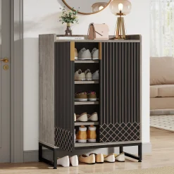 5-Tier Shoe Cabinet with Doors, Freestanding Wood Shoe Organizer for Entryway