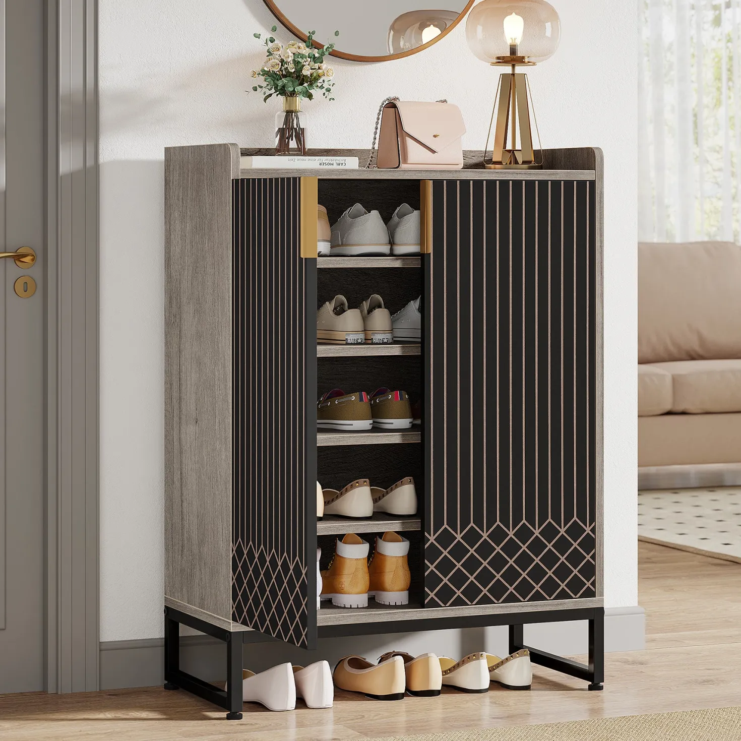 5-Tier Shoe Cabinet with Doors, Freestanding Wood Shoe Organizer for Entryway