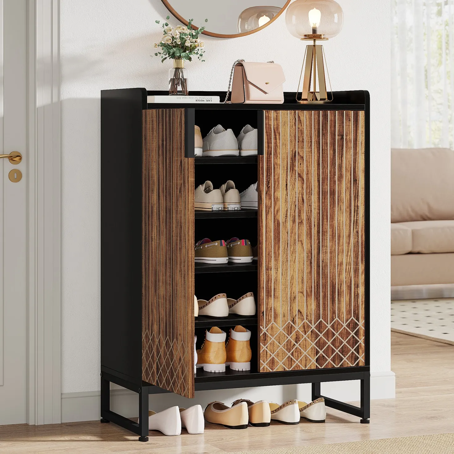 5-Tier Shoe Cabinet with Doors, Freestanding Wood Shoe Organizer for Entryway
