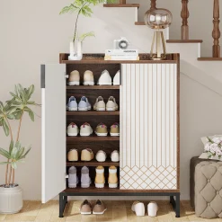 5-Tier Shoe Cabinet with Doors, Freestanding Wood Shoe Organizer for Entryway