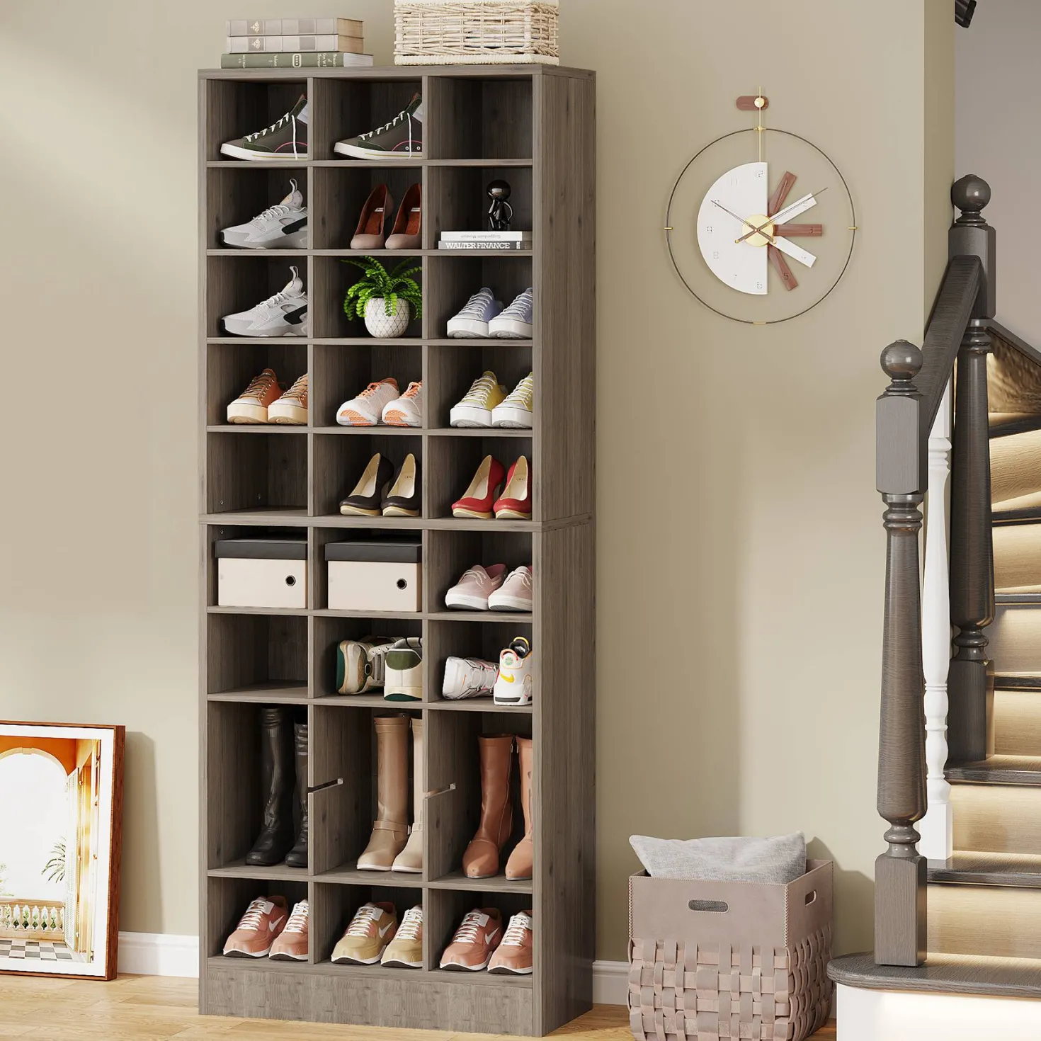 10-Tier Shoe Cabinet, Wooden Shoe Storage Rack with 30 Cubbies