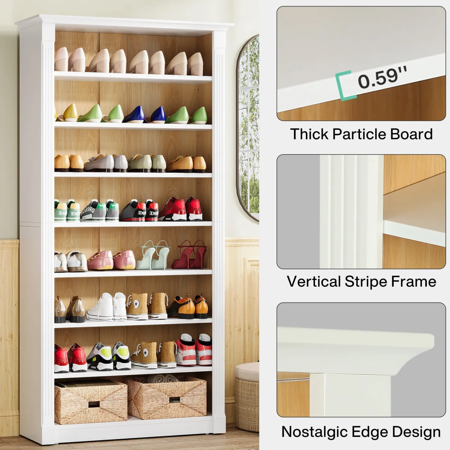 8-Tier Shoe Rack, Wooden Freestanding Shoe Storage Cabinet for 32-40 Pairs