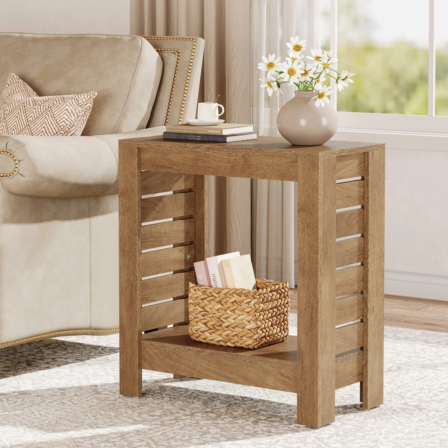 2-Tier Side Table, Wooden End Table Nightstand with Storage Shelf