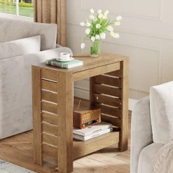 2-Tier Side Table, Wooden End Table Nightstand with Storage Shelf