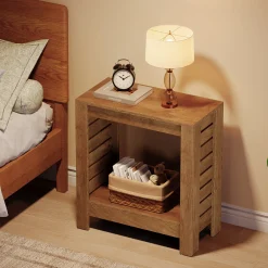 2-Tier Side Table, Wooden End Table Nightstand with Storage Shelf