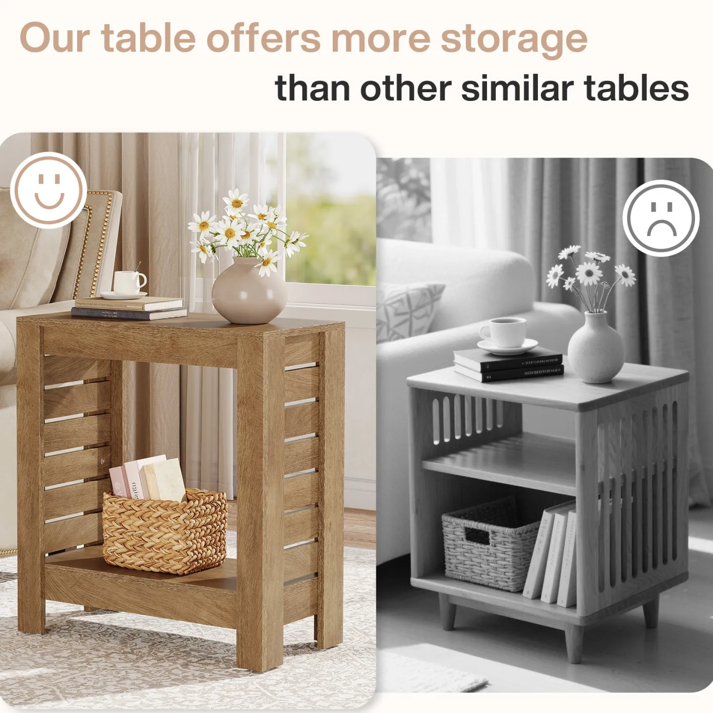 2-Tier Side Table, Wooden End Table Nightstand with Storage Shelf