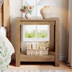 2-Tier Side Table, Wooden End Table Nightstand with Storage Shelf