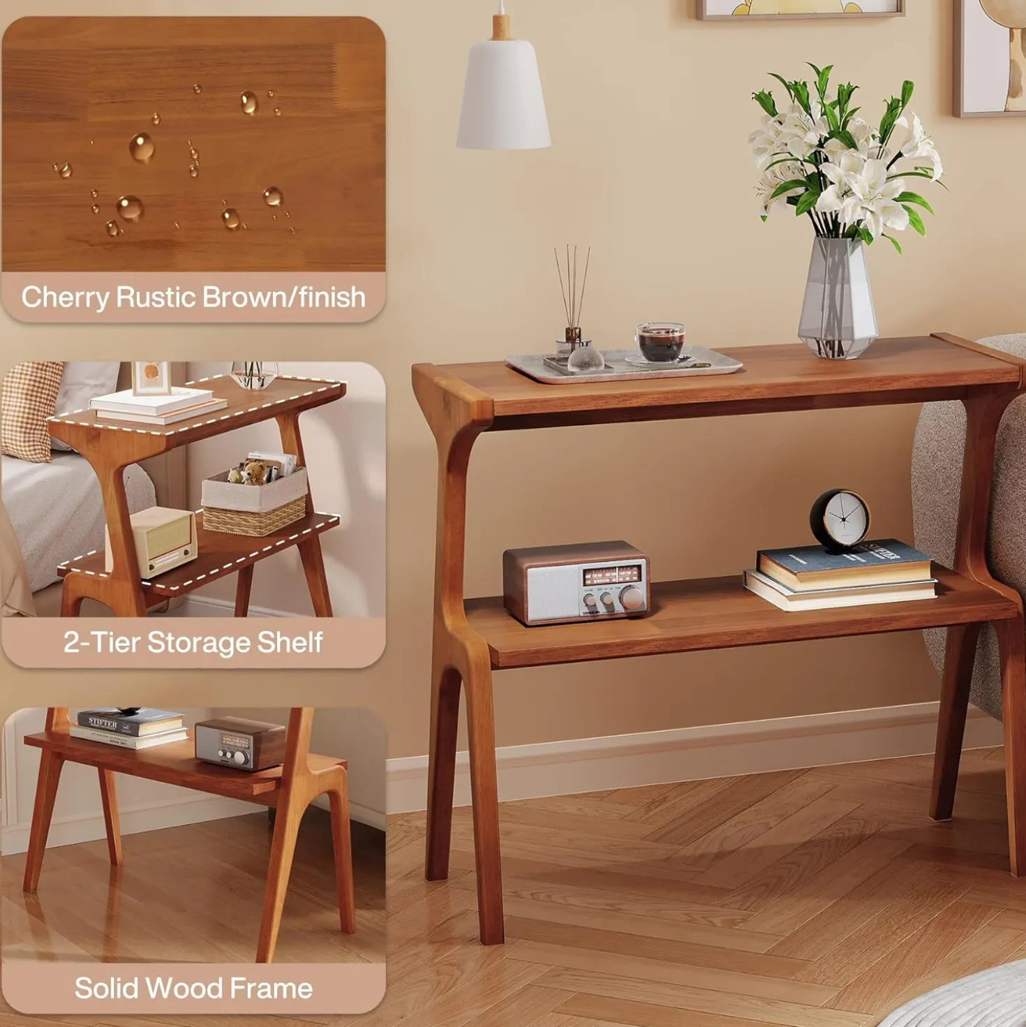 2-Tier Slim End Table, Solid Wood Sofa Side Table with Storage Shelf