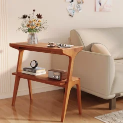2-Tier Slim End Table, Solid Wood Sofa Side Table with Storage Shelf