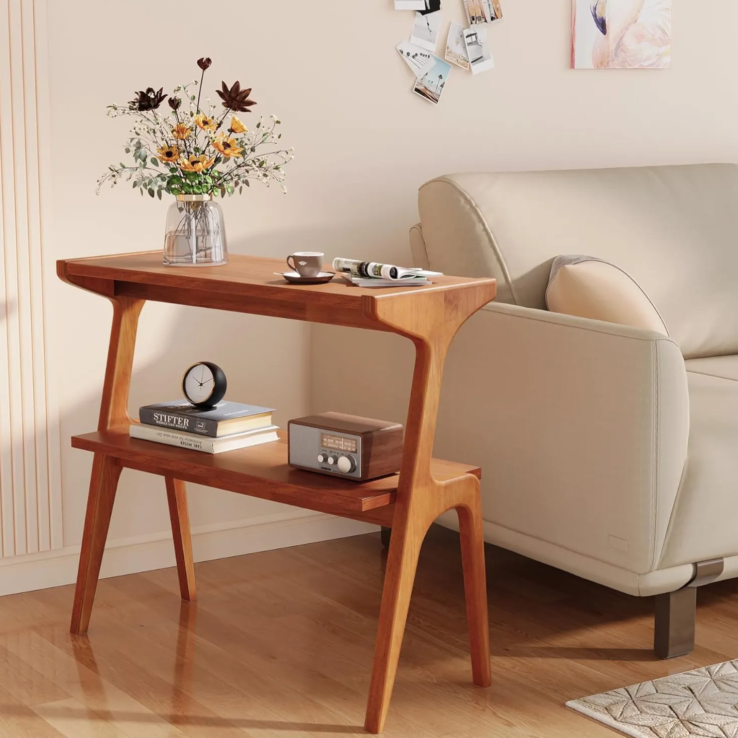 2-Tier Slim End Table, Solid Wood Sofa Side Table with Storage Shelf