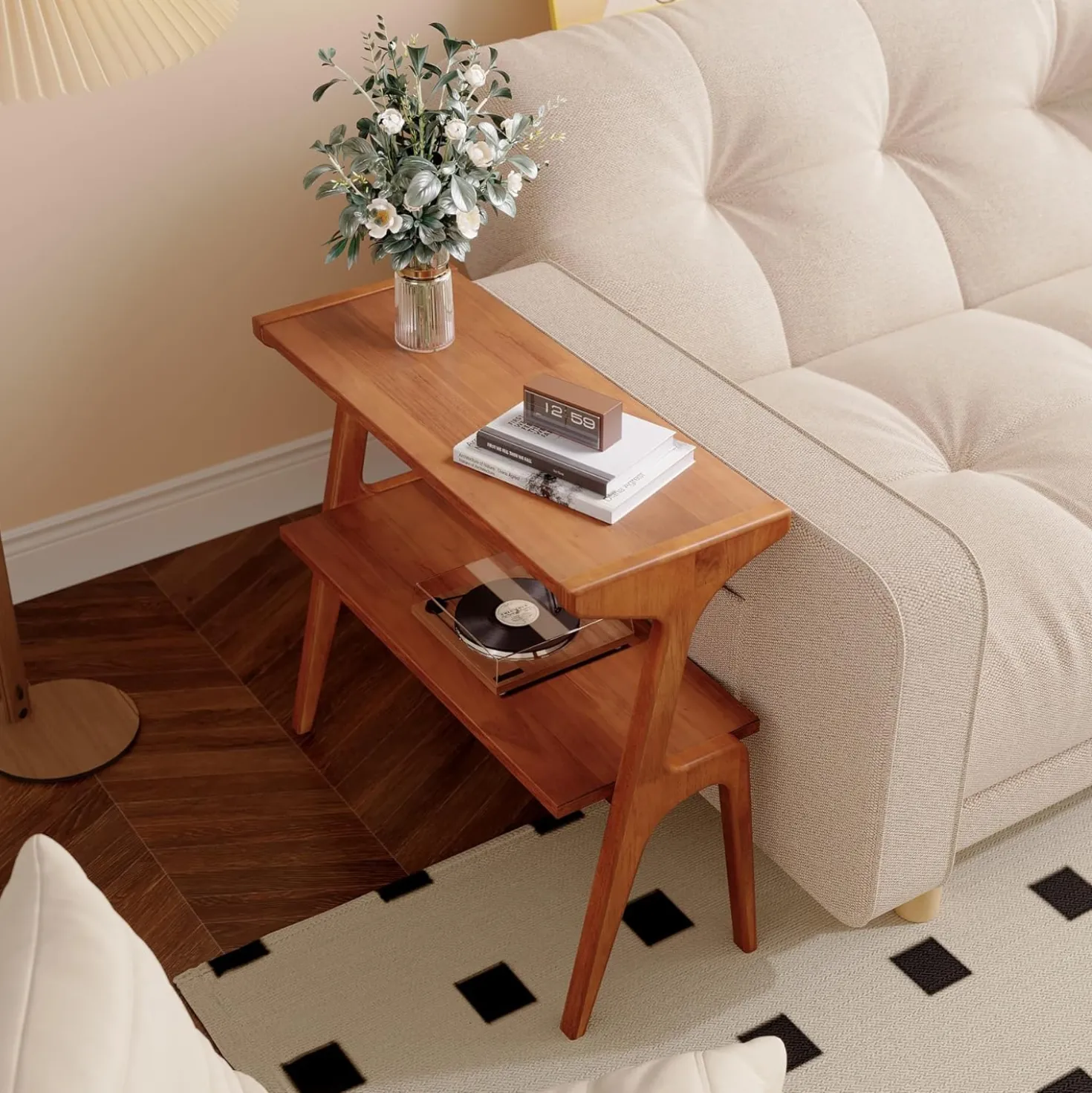 2-Tier Slim End Table, Solid Wood Sofa Side Table with Storage Shelf