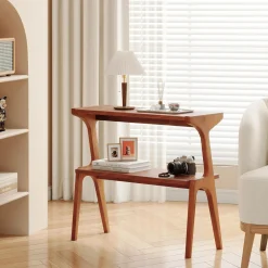 2-Tier Slim End Table, Solid Wood Sofa Side Table with Storage Shelf