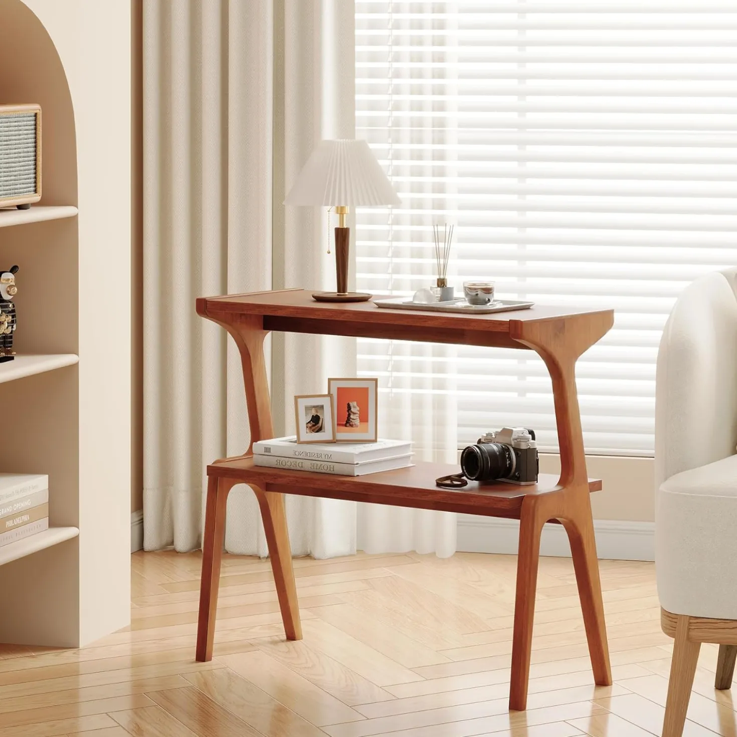 2-Tier Slim End Table, Solid Wood Sofa Side Table with Storage Shelf