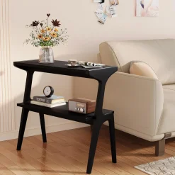 2-Tier Slim End Table, Solid Wood Sofa Side Table with Storage Shelf