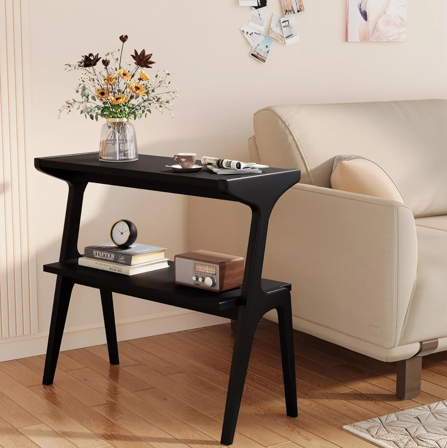 2-Tier Slim End Table, Solid Wood Sofa Side Table with Storage Shelf