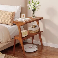 2-Tier Slim End Table, Solid Wood Sofa Side Table with Storage Shelf