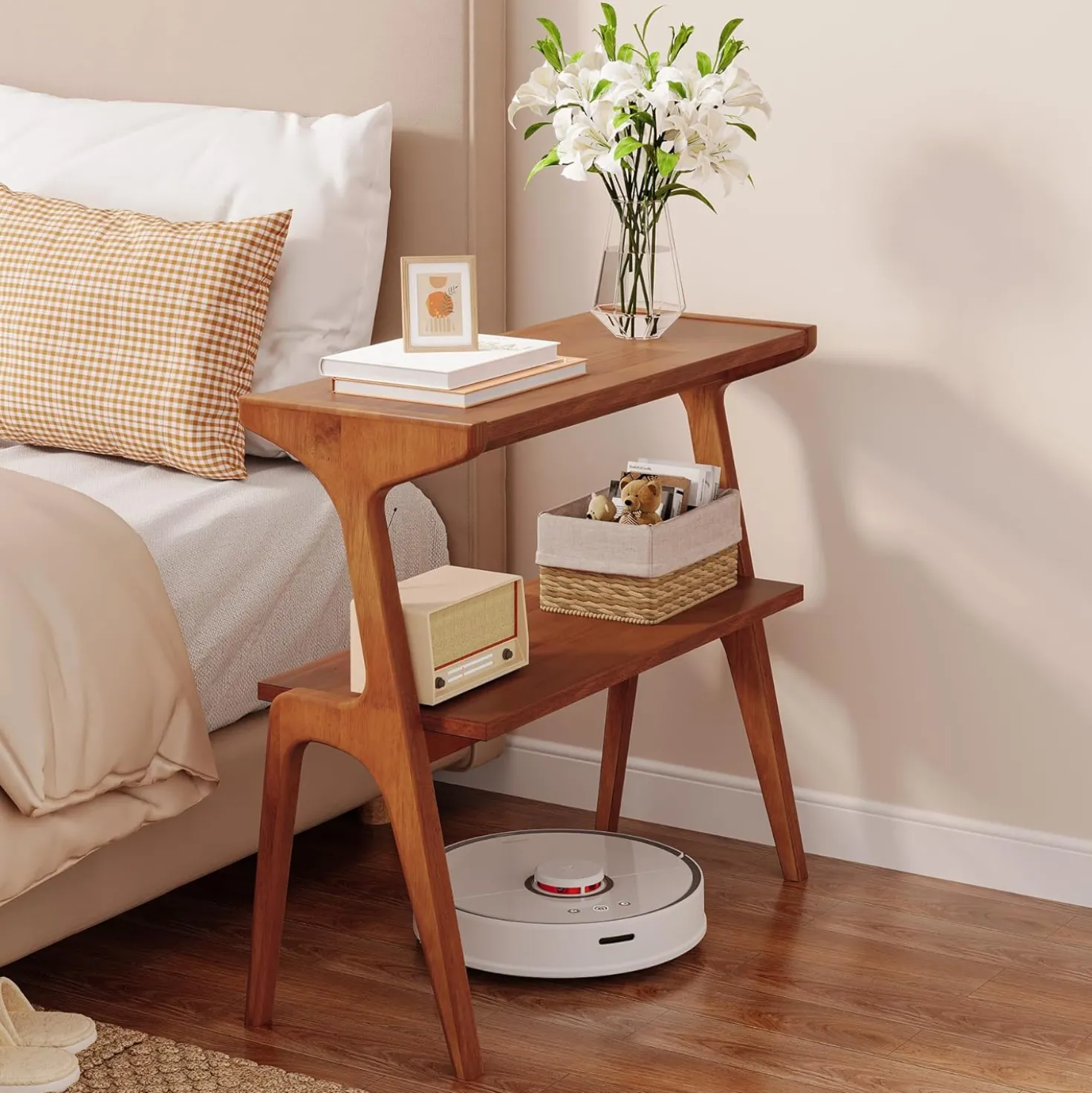 2-Tier Slim End Table, Solid Wood Sofa Side Table with Storage Shelf