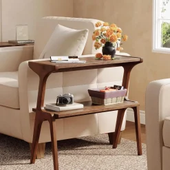 2-Tier Slim End Table, Solid Wood Sofa Side Table with Storage Shelf