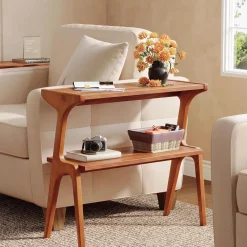 2-Tier Slim End Table, Solid Wood Sofa Side Table with Storage Shelf