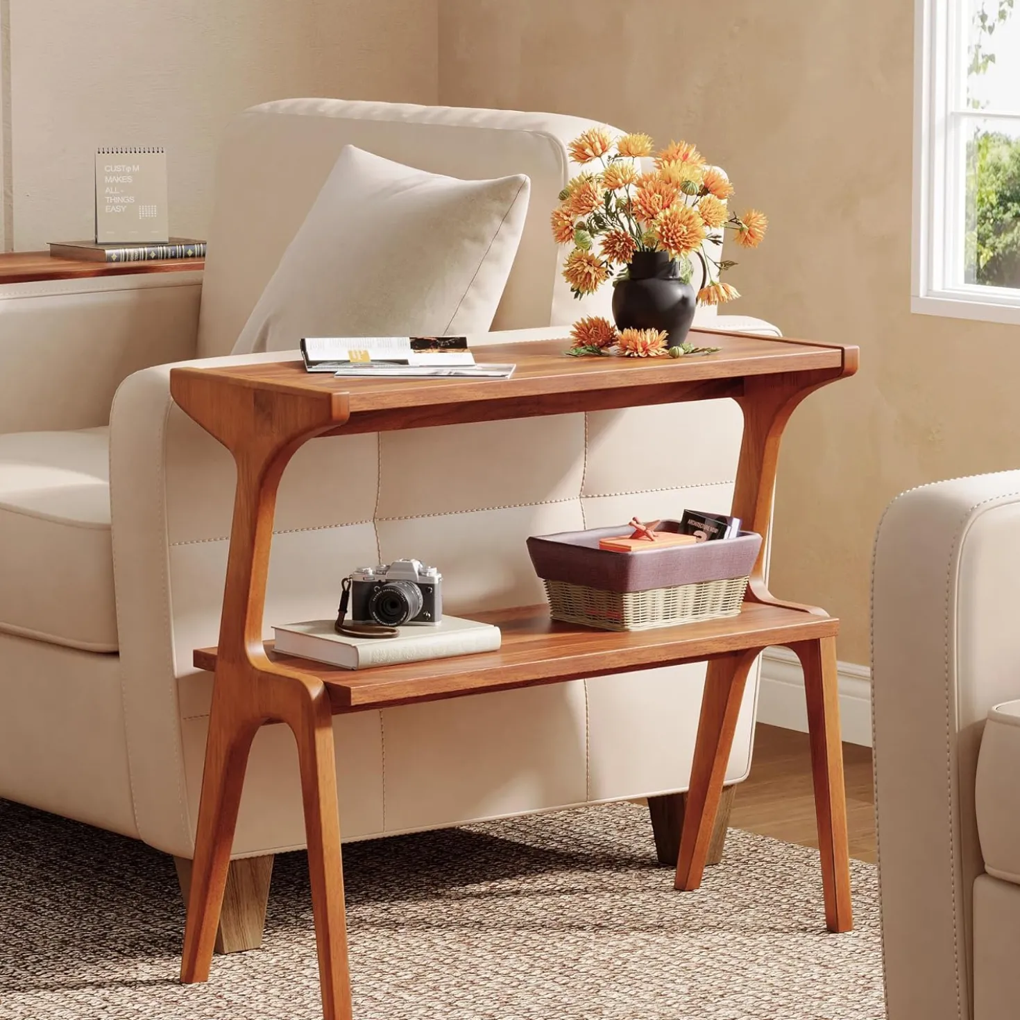 2-Tier Slim End Table, Solid Wood Sofa Side Table with Storage Shelf